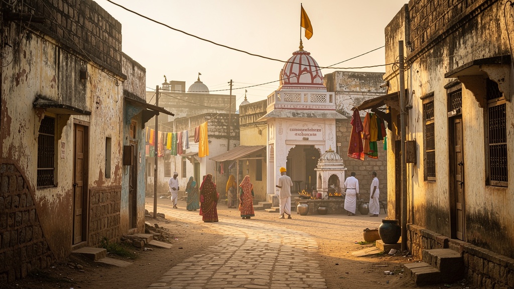 Narrow lanes of historic Dholera town with a small Swaminarayan temple