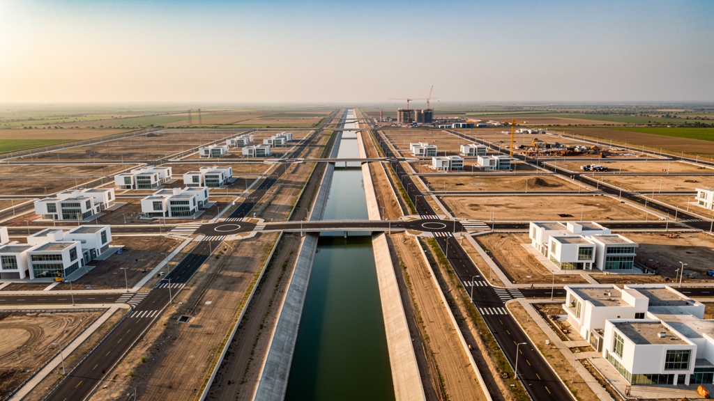 Aerial view of the Dholera SIR Activation Area with wide boulevards under construction