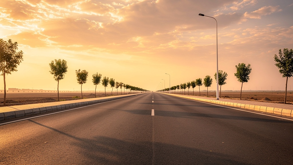 Golden hour light on an empty Dholera road
