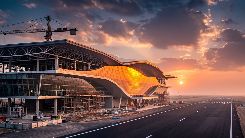 The Dholera International Airport terminal at sunset