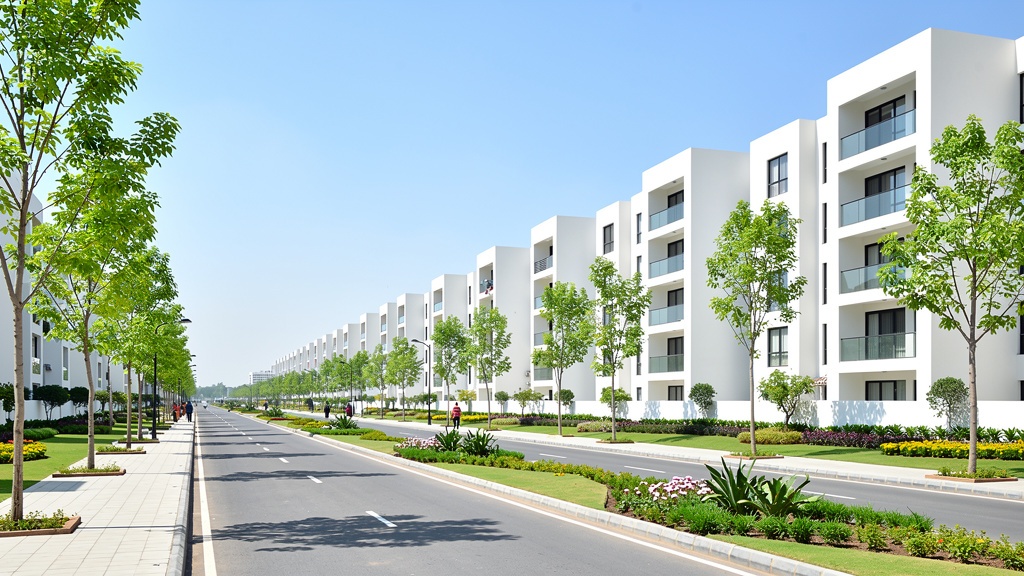 A landscaped boulevard with new residential buildings in Dholera