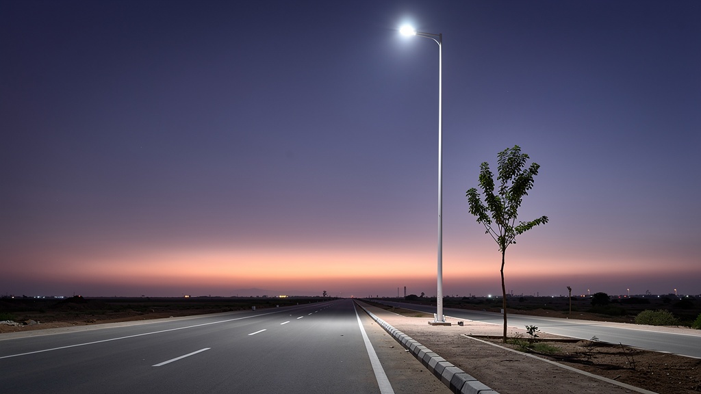A lone streetlight on an empty Dholera road at dusk
