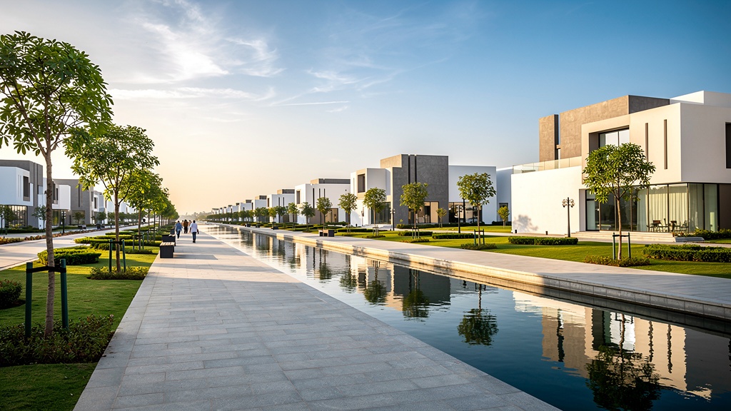 The Canal Front promenade with green belts