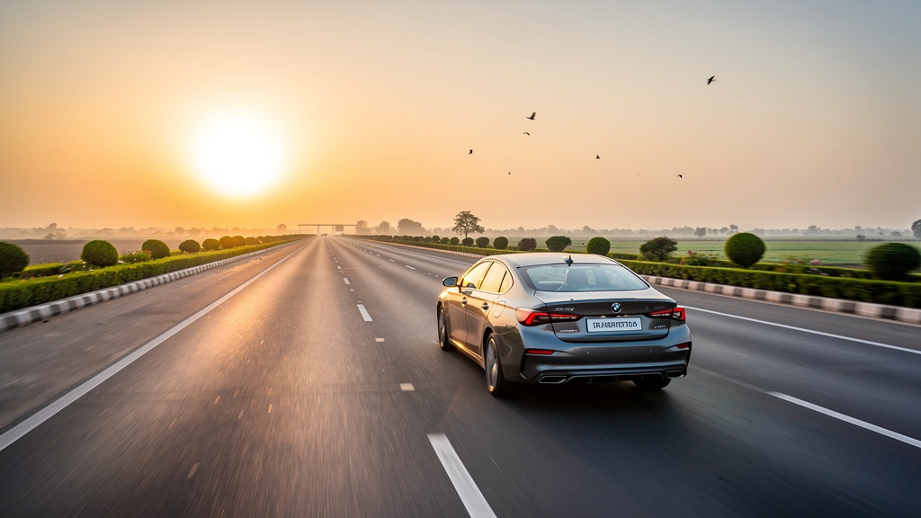 A car driving on the expressway toward Dholera at sunrise