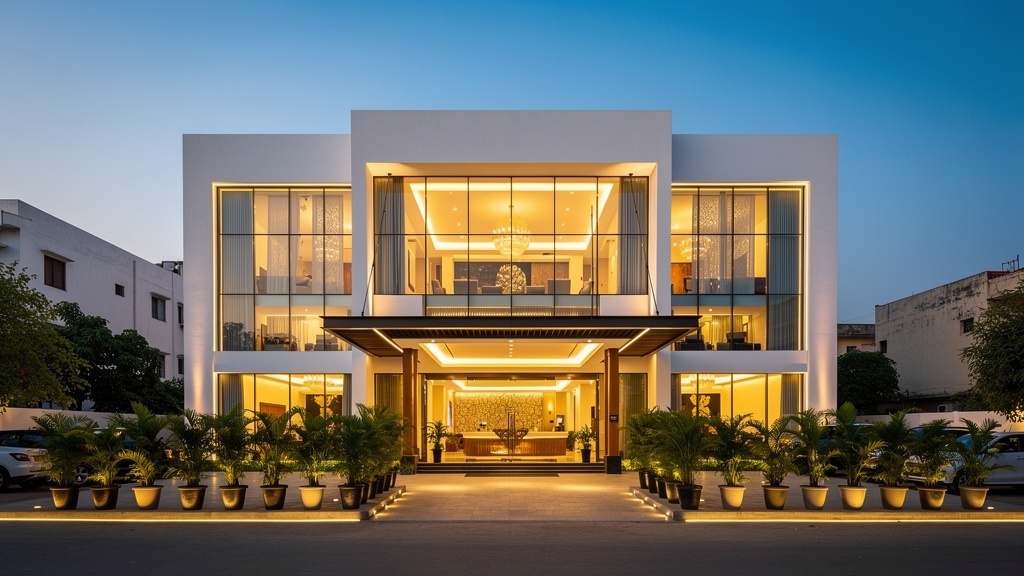 A modern boutique hotel in Ahmedabad at dusk