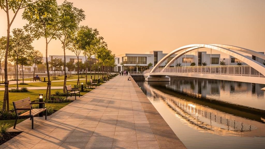 The Canal Front recreation zone in Dholera